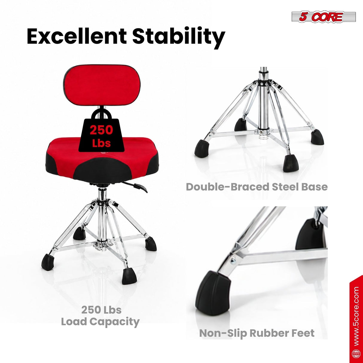 5 Core Drum Throne w Backrest 4" Padded Stool Airlift Adjustable Drummer Chair