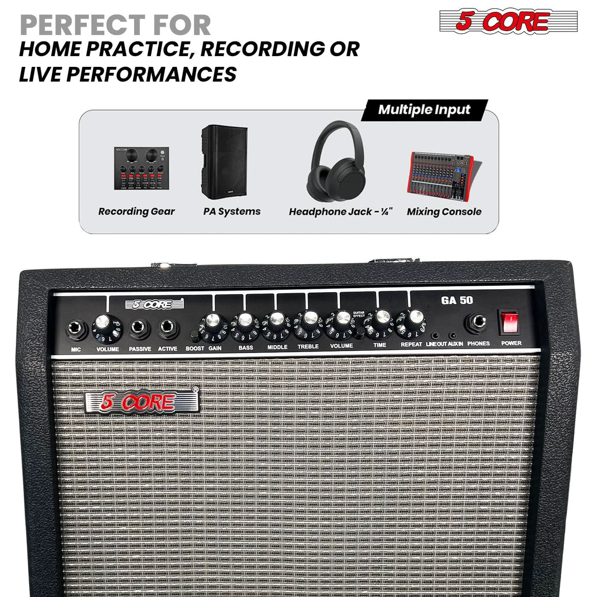 5 Core Guitar Amp 50 Watt  Electric Amplifier w Built in 8" Speaker Portable Mini Amps w Aux