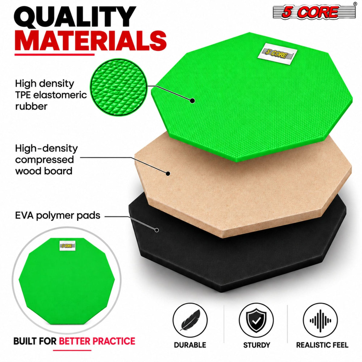 5 Core Drum Practice Pad Set 12" Snare Drumming Stand 2 Sided Drummer Kit