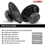 5 Core Car Subwoofer 10" 3000W Pro Audio Deep Bass Component Sub Woofer 4Ohm Replacement Speaker
