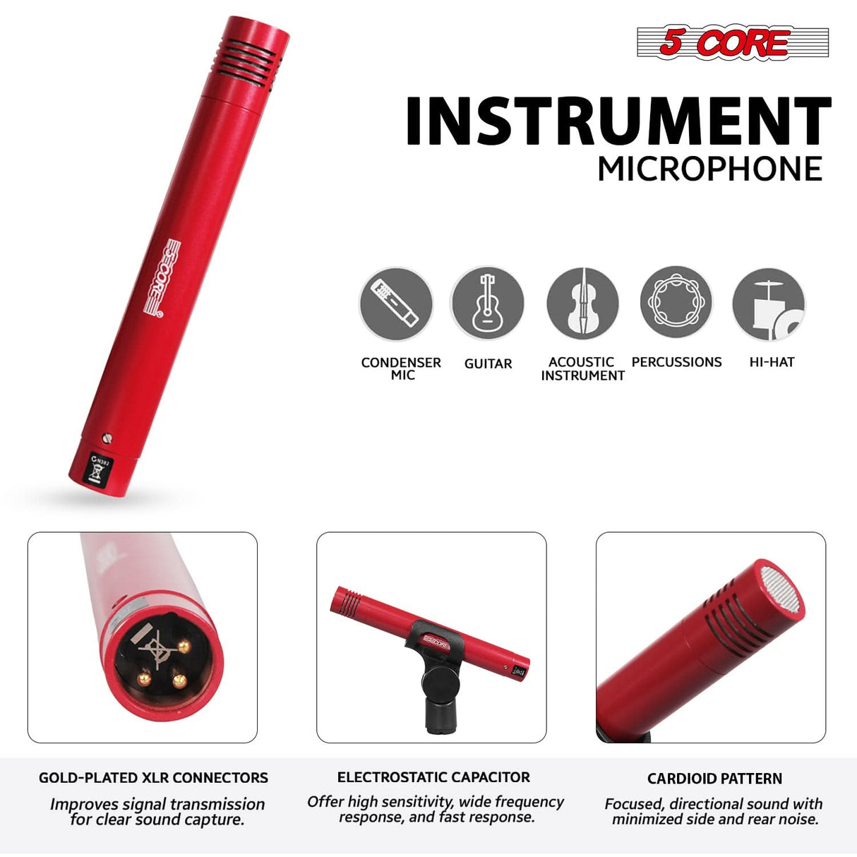 5 Core Drum Microphone Kit 7 Piece All Metal Drummer Instrument Mics Tom/Snare & Cymbals Set