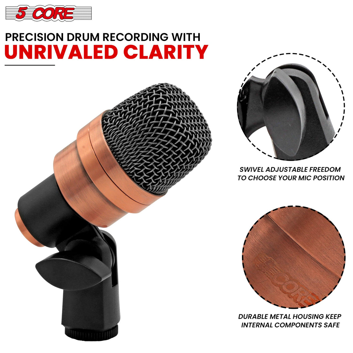 5 Core Snare Microphone XLR Wired Uni Directional Tom Drum and Other Musical Instrument Mic COPPER