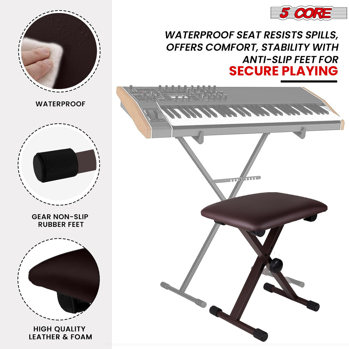 5 Core Keyboard Bench 2" Padded Cushioned Piano Stool Height Adjustable Guitar Seat Folding Portable