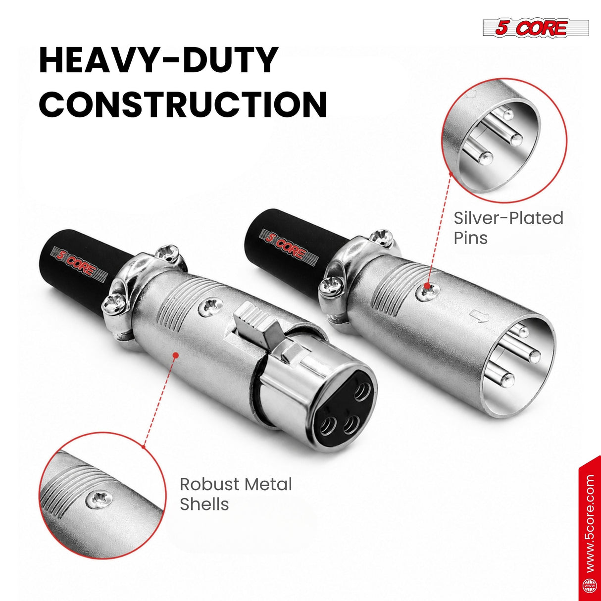 5Core XLR Connector Male Female to 1/4 Audio Jack 3 Pin Secure Mic Plug w Locking Ends