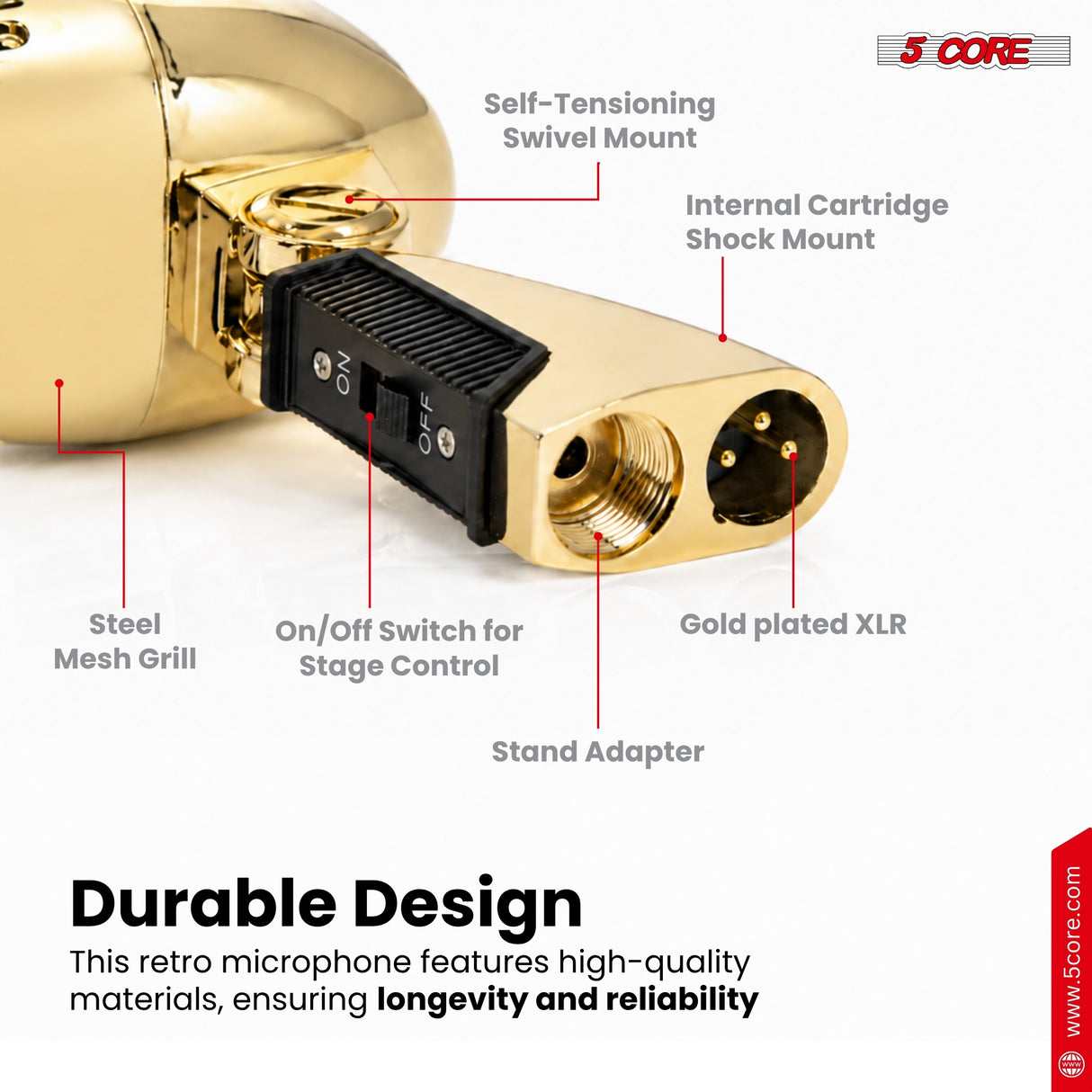 5Core Vintage Microphone Classic Dynamic Professional XLR Studio Retro Style Mic Gold