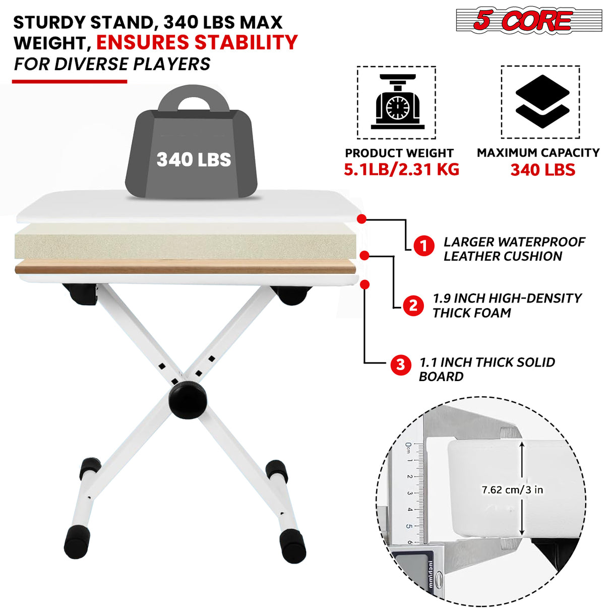 5 Core Keyboard Stand Piano Bench Combo Adjustable Key Board Stands 3" Padded Musician Chair Set