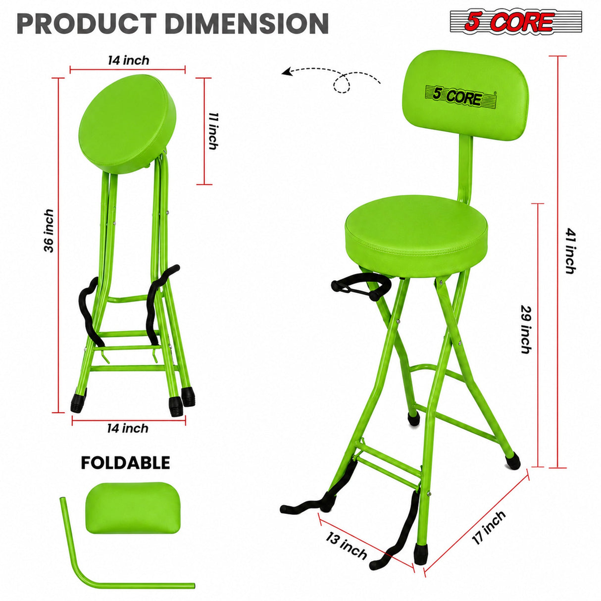 5Core Guitar Stool 3.15" Padded Chair w Backrest Foldable Music Seat Built in Foot Rest Guitar Stand