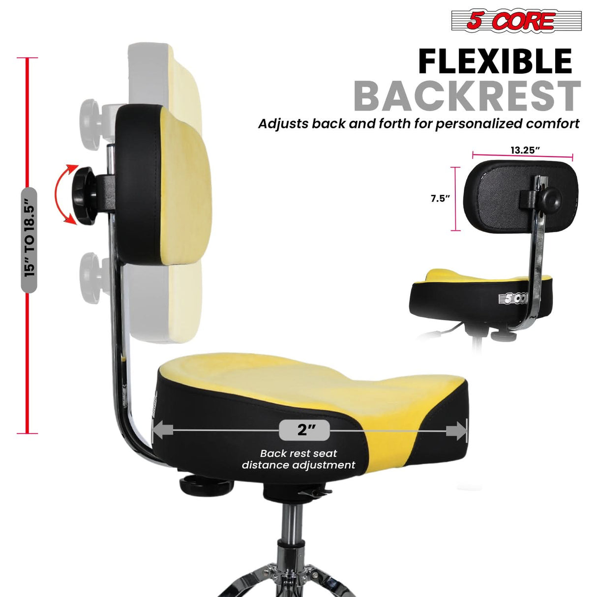 5 Core Drum Throne w Backrest 4" Padded Stool Airlift 25" Adjustable Drummer Stool 441Lb Capacity
