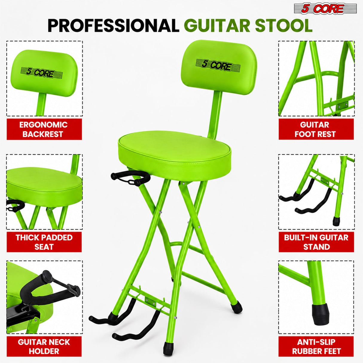 5Core Guitar Stool 3.15" Padded Chair w Backrest Foldable Music Seat Built in Foot Rest Guitar Stand