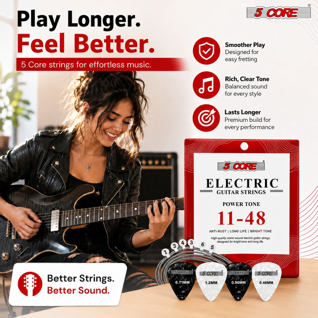5 Core Guitar Strings Nickel Plated Acoustic Electric Guitar String Set w Picks