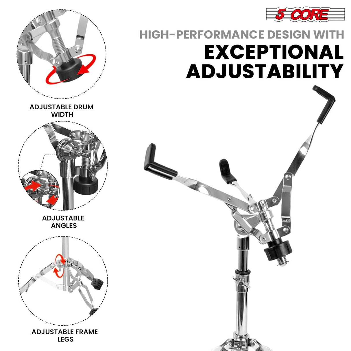 5 Core Snare Drum Stand w Drum Sticks Holder Double Braced Heavy Duty Tripod Stand Adjustable 22"