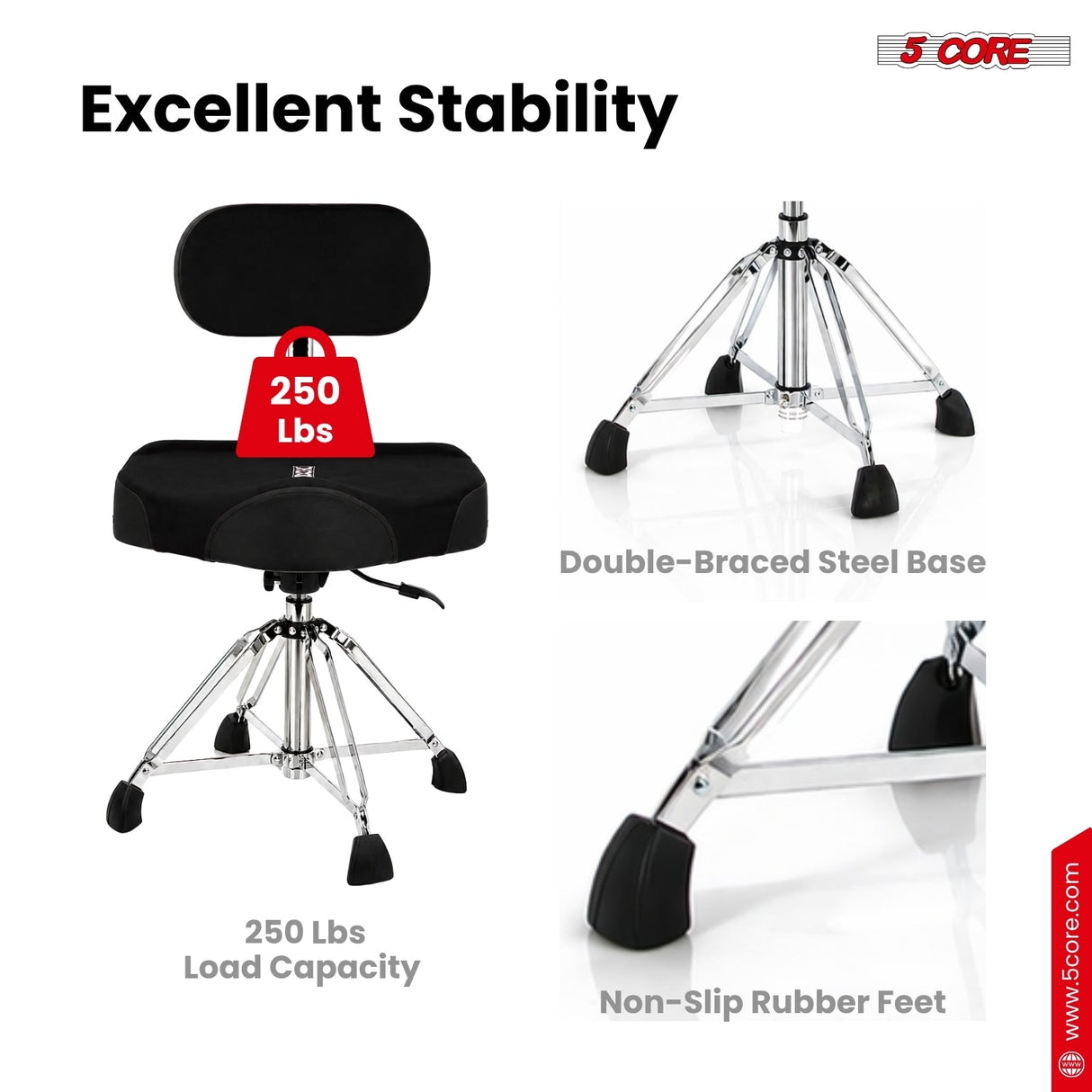 5 Core Drum Throne w Backrest 4" Padded Stool Airlift Adjustable Drummer Chair