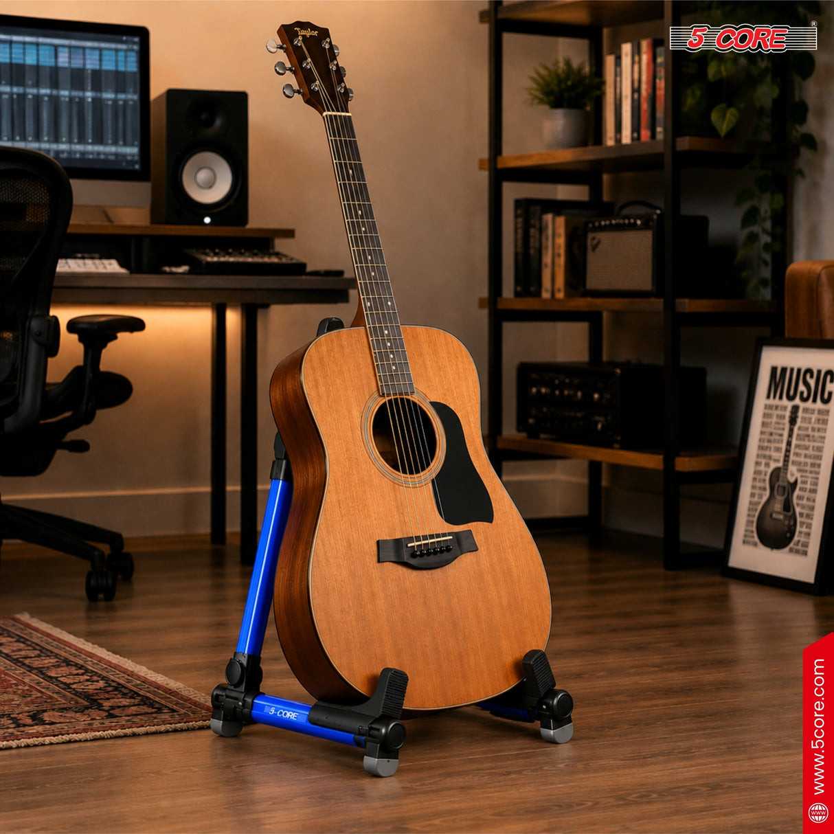 5 Core Guitar Stand Adjustable A Frame Shape w Rubber Pad Arms Supports Acoustic Electric Bass Blue