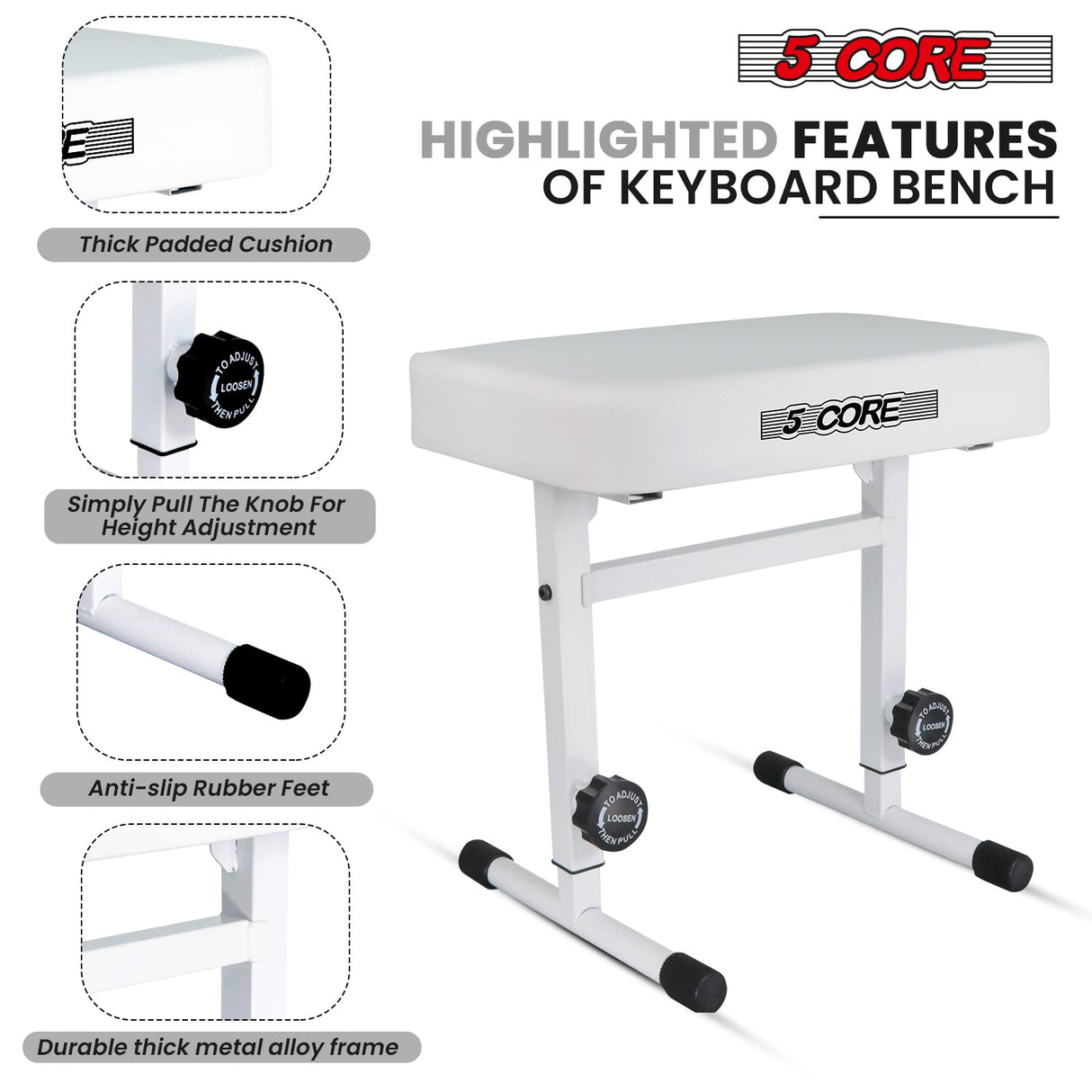 5 Core Keyboard Bench 3" Padded Cushioned Piano Stool Height Adjustable Guitar Seat Folding Portable