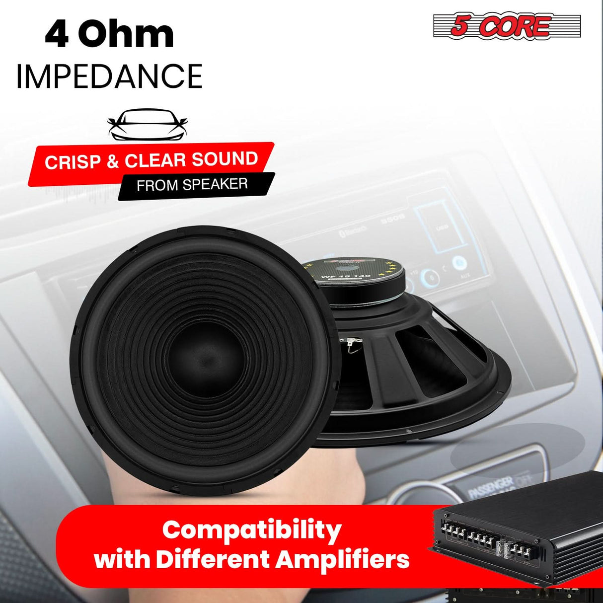 5 Core 15 Inch Subwoofer 450 Watt Car Audio Sub Woofer Pair 4 Ohm w Deep Bass Replacement Loud Speaker