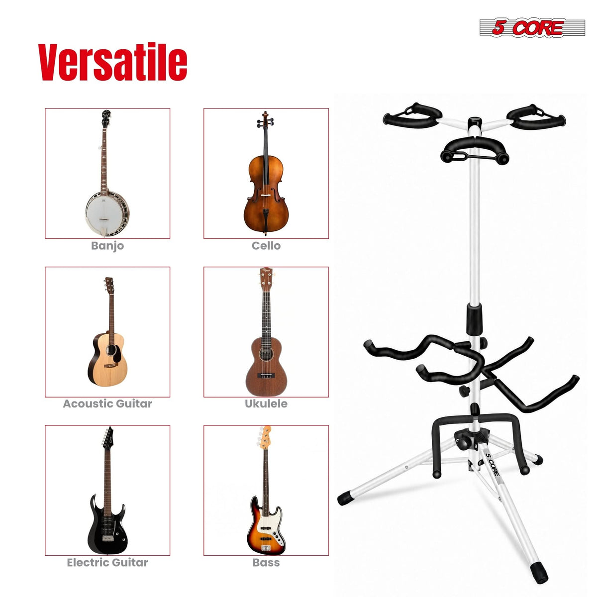 5 Core Triple Guitar Stand Floor w Foam Arms for Acoustic Electric Guitars