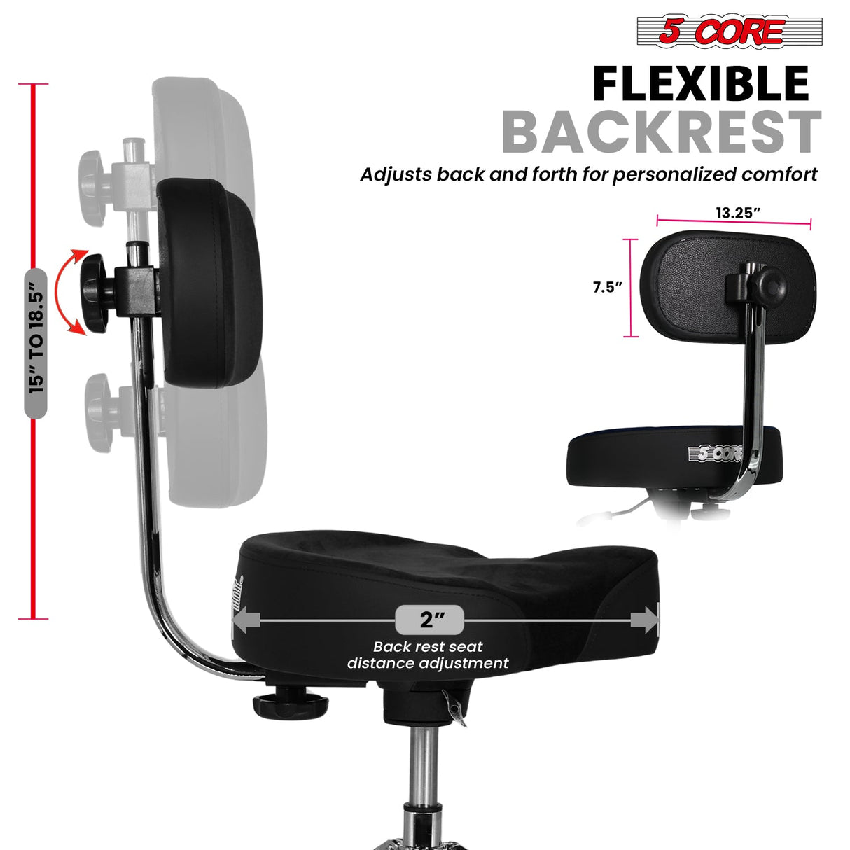 5 Core Drum Throne w Backrest 4" Padded Stool Airlift 25" Adjustable Drummer Stool 441Lb Capacity