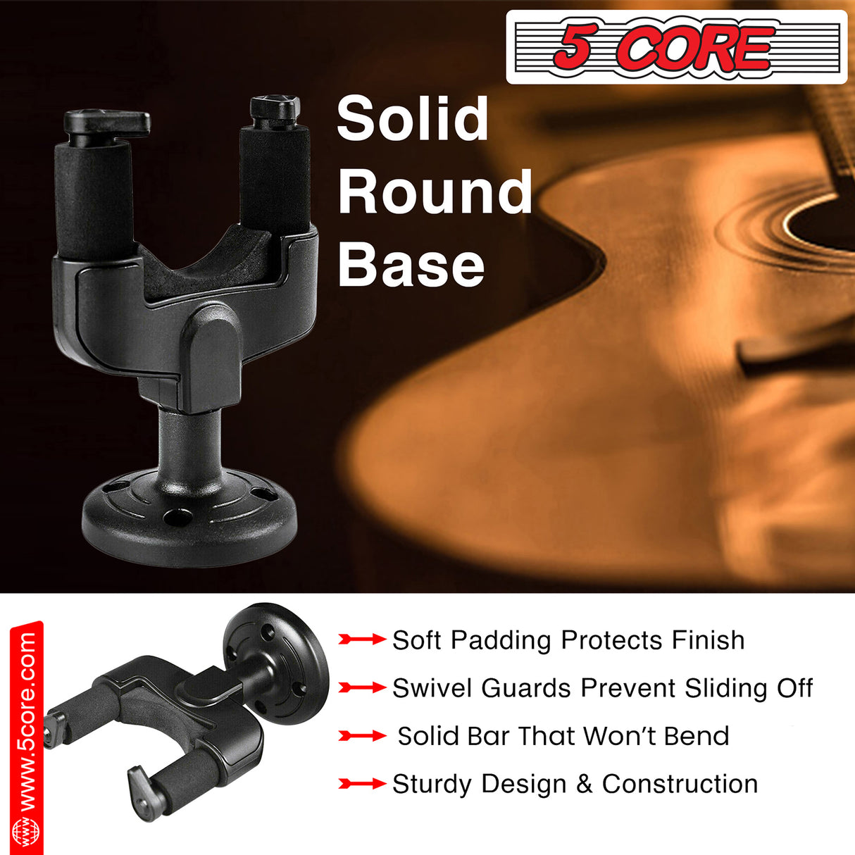 5Core Guitar Wall Mount 2Pc Hanger Hook Metal Base Soft Padding Adjustable Rotatable Holder