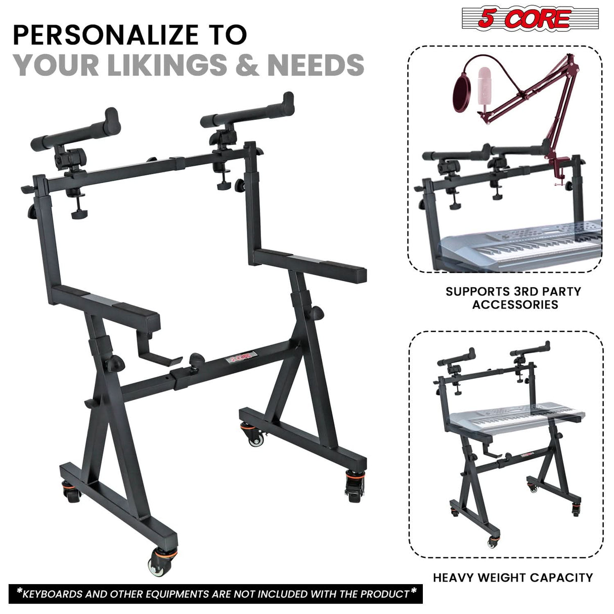 5Core Piano Keyboard Stand Z Style Heavy Duty 2 Tier Stands w Adjustable Arm Fits 54 61 88 Key Board