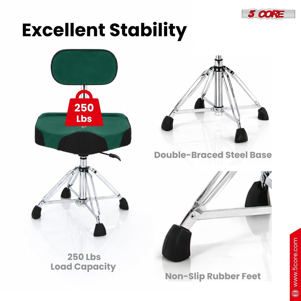 5 Core Drum Throne w Backrest 4" Padded Stool Airlift Adjustable Drummer Chair