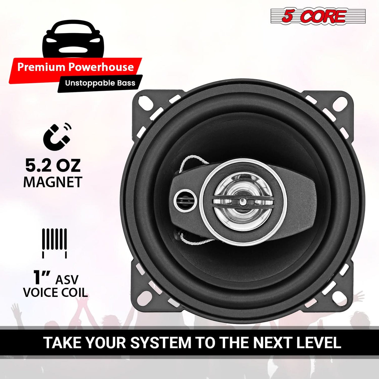 5Core Coaxial Door Car Speakers 4” Pair 250W 4Ohm 2 Way Component Subwoofer Audio w Super Tweeter
