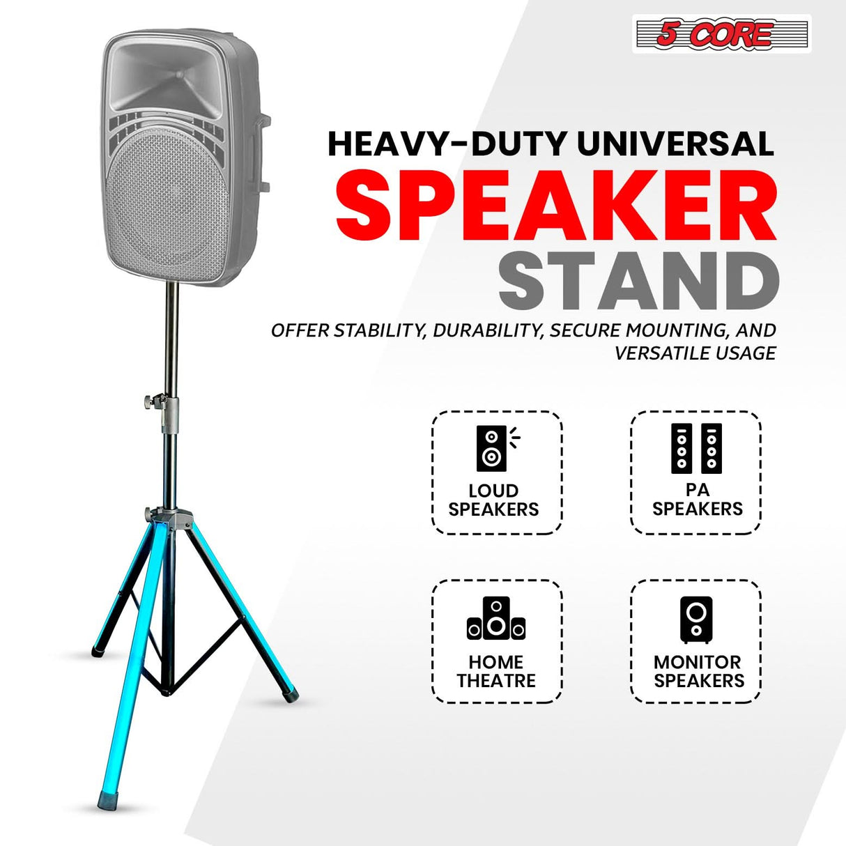 5 Core Speaker Stand Tripod Floor with RGB LED Lights Heavy Duty Adjustable Up to 72 Inch