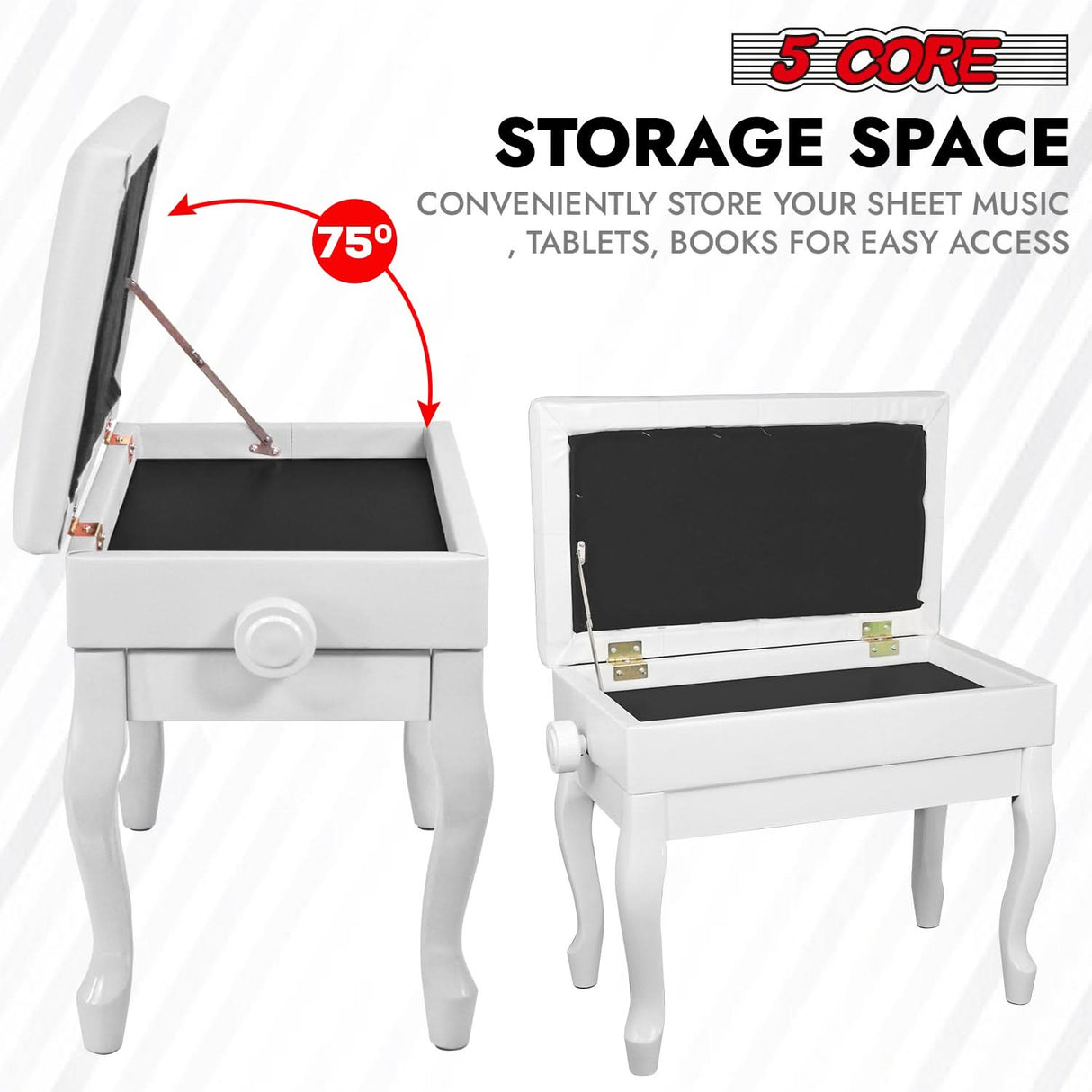 5 Core Piano Bench 3" Padded Cushioned Stool Wooden Heavy Duty Adjustable Musician Chair w Storage