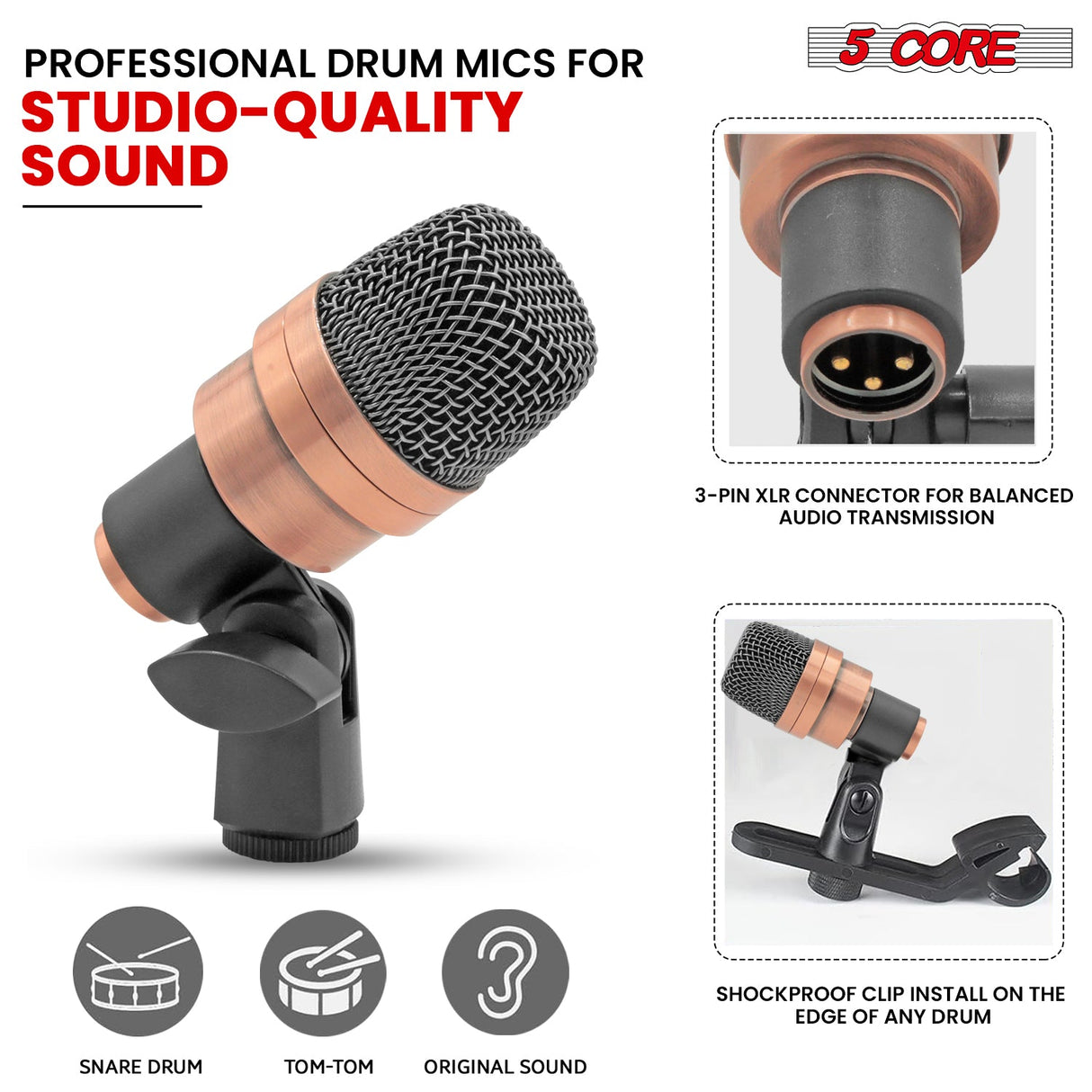 5 Core Snare Microphone XLR Wired Uni Directional Tom Drum and Other Musical Instrument Mic COPPER