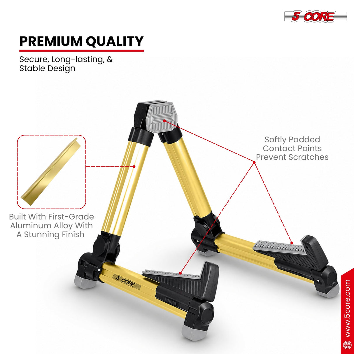5 Core Guitar Stand Adjustable A Frame Shape w Rubber Pad Arms Supports Acoustic Electric Bass Gold