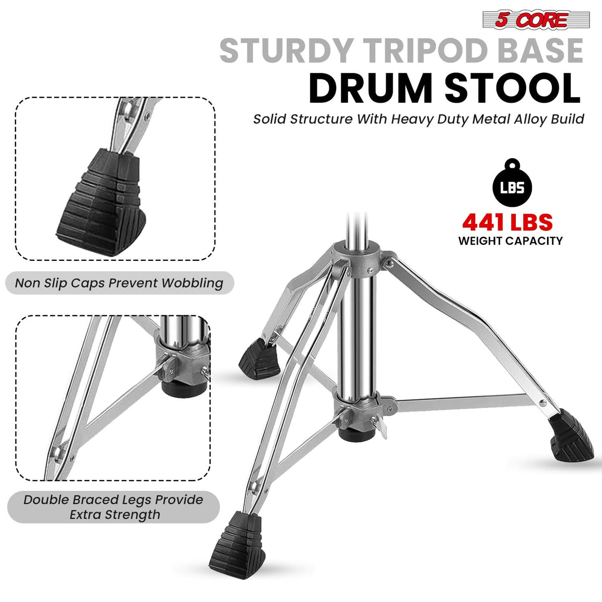 5 Core Drum Throne w Backrest 4" Padded Stool Adjustable 24.5" Drummer Chair w 441Lb Capacity