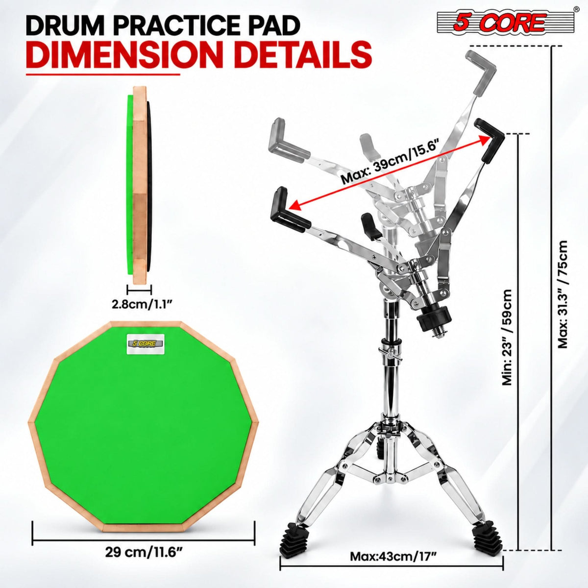 5 Core Drum Practice Pad Set 12" Snare Drumming Stand 2 Sided Drummer Kit