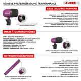 5 Core Drum Microphone Kit 7Pc All Metal Drummer Mics Tom/Snare & Cymbals Wired Instrument Drums Set