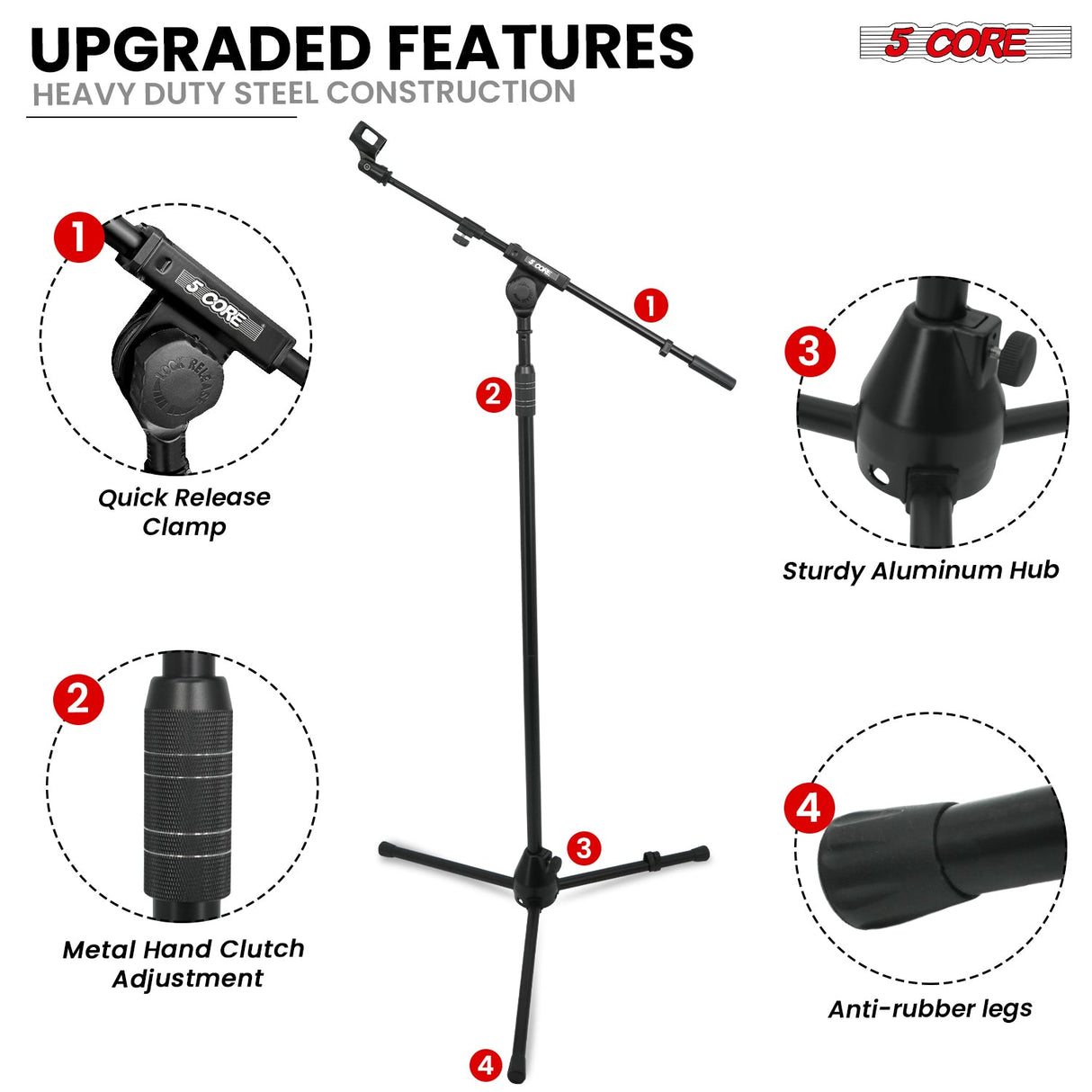 5 Core Mic Stand 2Pcs Adjustable 82" Microphone Stands Floor w 180° Telescoping Metal Boom Arm