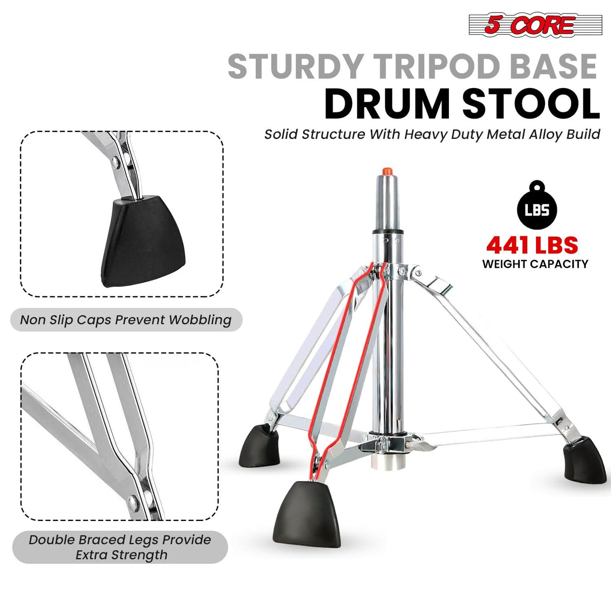 5 Core Drum Throne w Backrest 4" Padded Stool Airlift Adjustable 25.5" Drummer Chair 441Lb Capacity