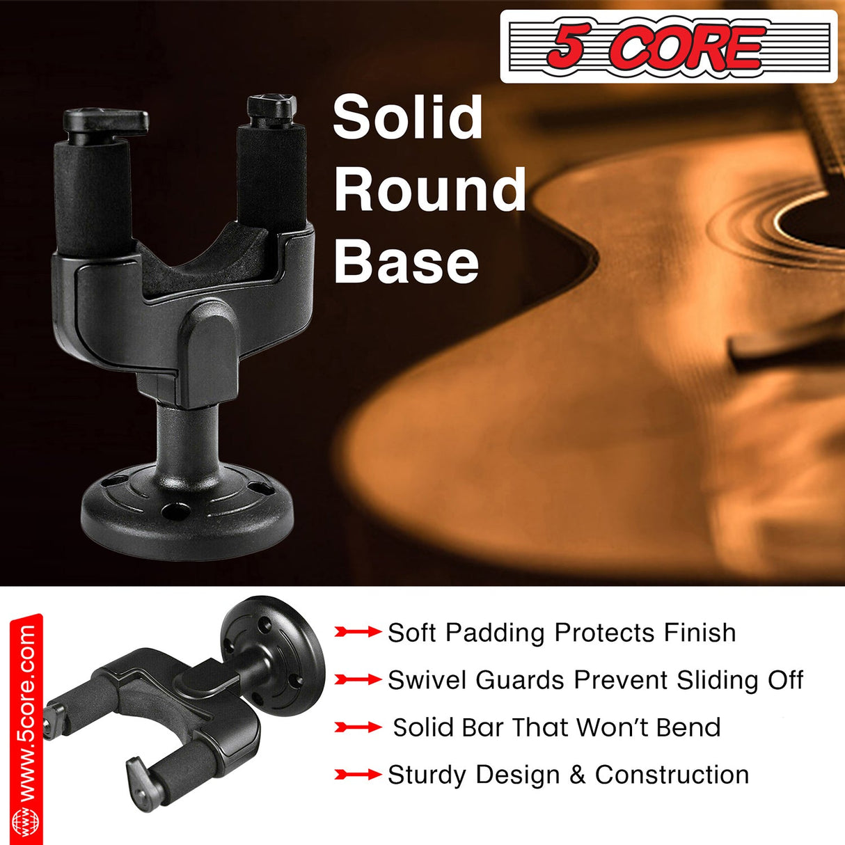 5Core Guitar Wall Mount Hanger Hook Metal Base Soft Padding Adjustable Rotatable Holder