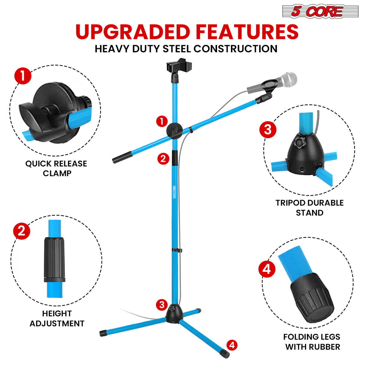 5 Core Mic Stand Floor Height Adjustable Tripod Microphone Stands w Extending Telescoping Boom Arm