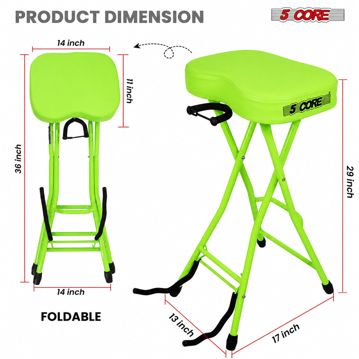 5Core Guitar Stool 3.15" Padded Chair Foldable Heavy Duty Music Seat Built in Foot Rest Guitar Stand