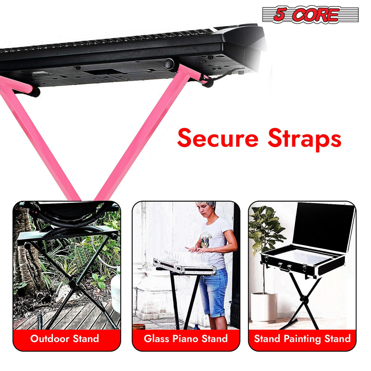 5Core Keyboard Stand Single X Style Adjustable Lift Piano Riser For 49 To 88 Keys PINK