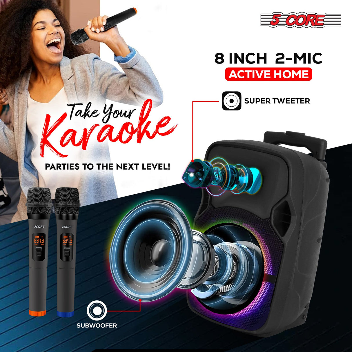 5Core 8 inch PA Portable Bluetooth Party Speaker Karaoke Boombox + 2 Wireless Mics 2 Pieces
