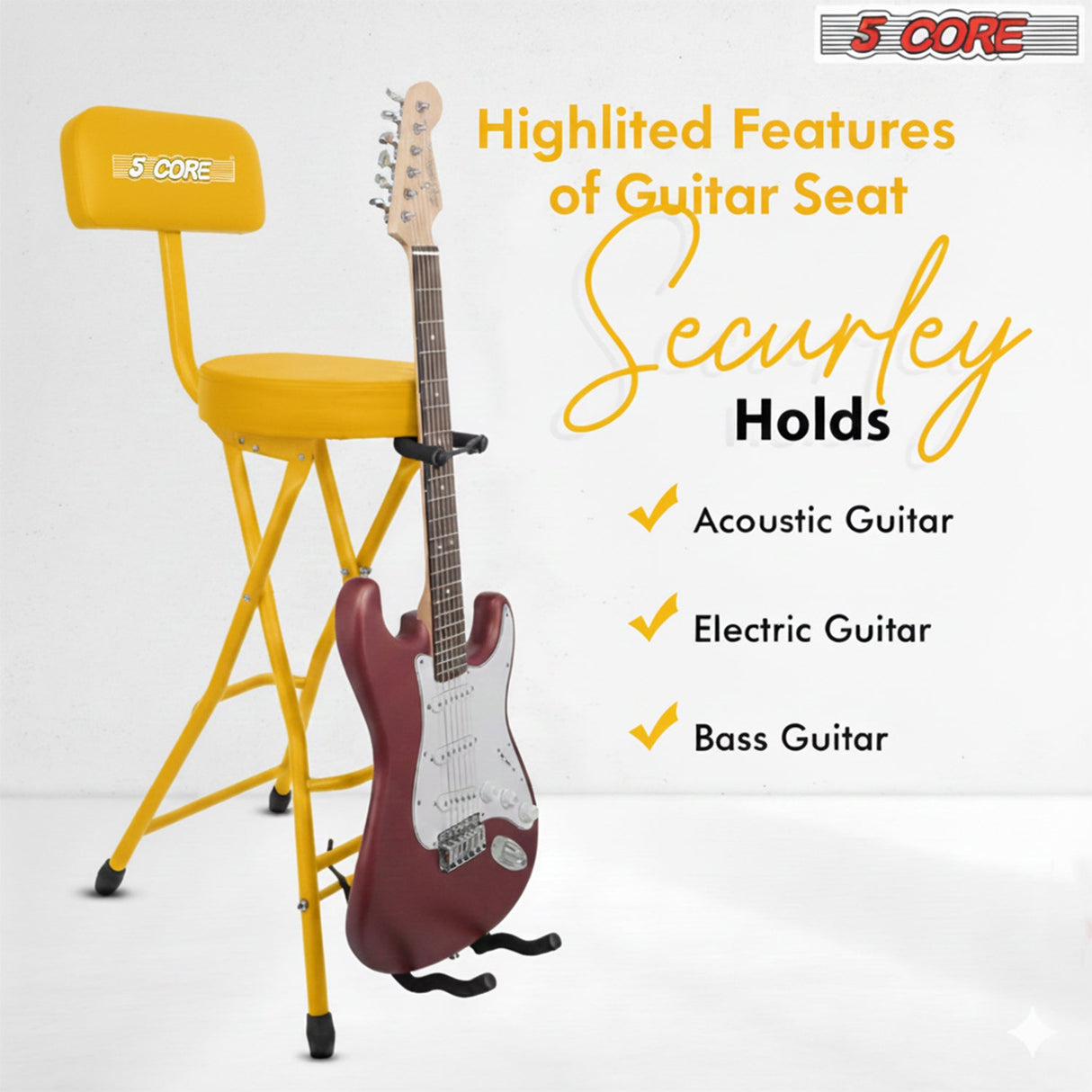 5 Core Guitar Stool w Backrest 3.15" Padded Chair Foldable Music Seat Built in Foot Rest Guitar Stand