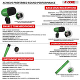 5 Core Drum Microphone Kit 9Pc All Metal Drummer Mics Tom/Snare & Cymbals Wired Instrument Drums Set