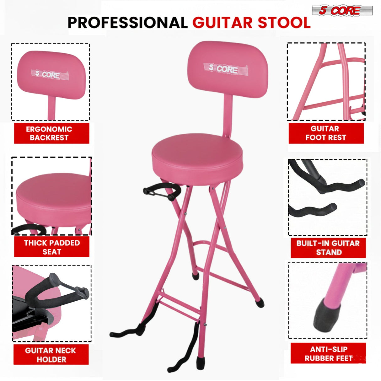 5Core Guitar Stool 3.15" Padded Chair w Backrest Foldable Music Seat Built in Foot Rest Guitar Stand