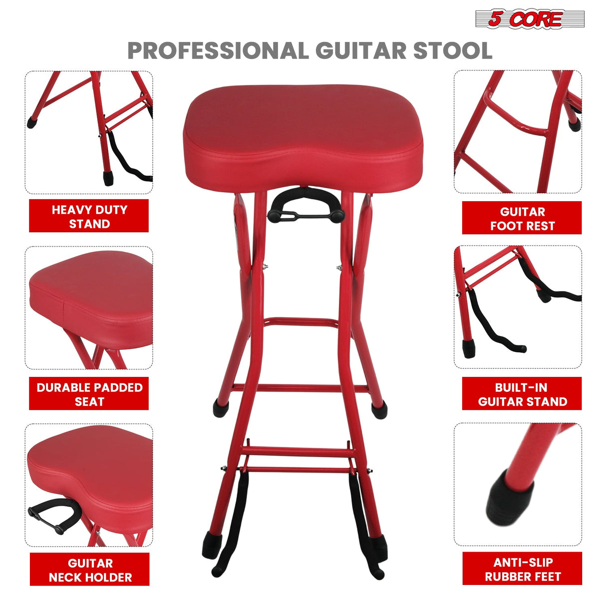 5 Core Guitar Stool 3.15" Padded Chair Foldable Music Seat w Built in Foot Rest Guitar Stand