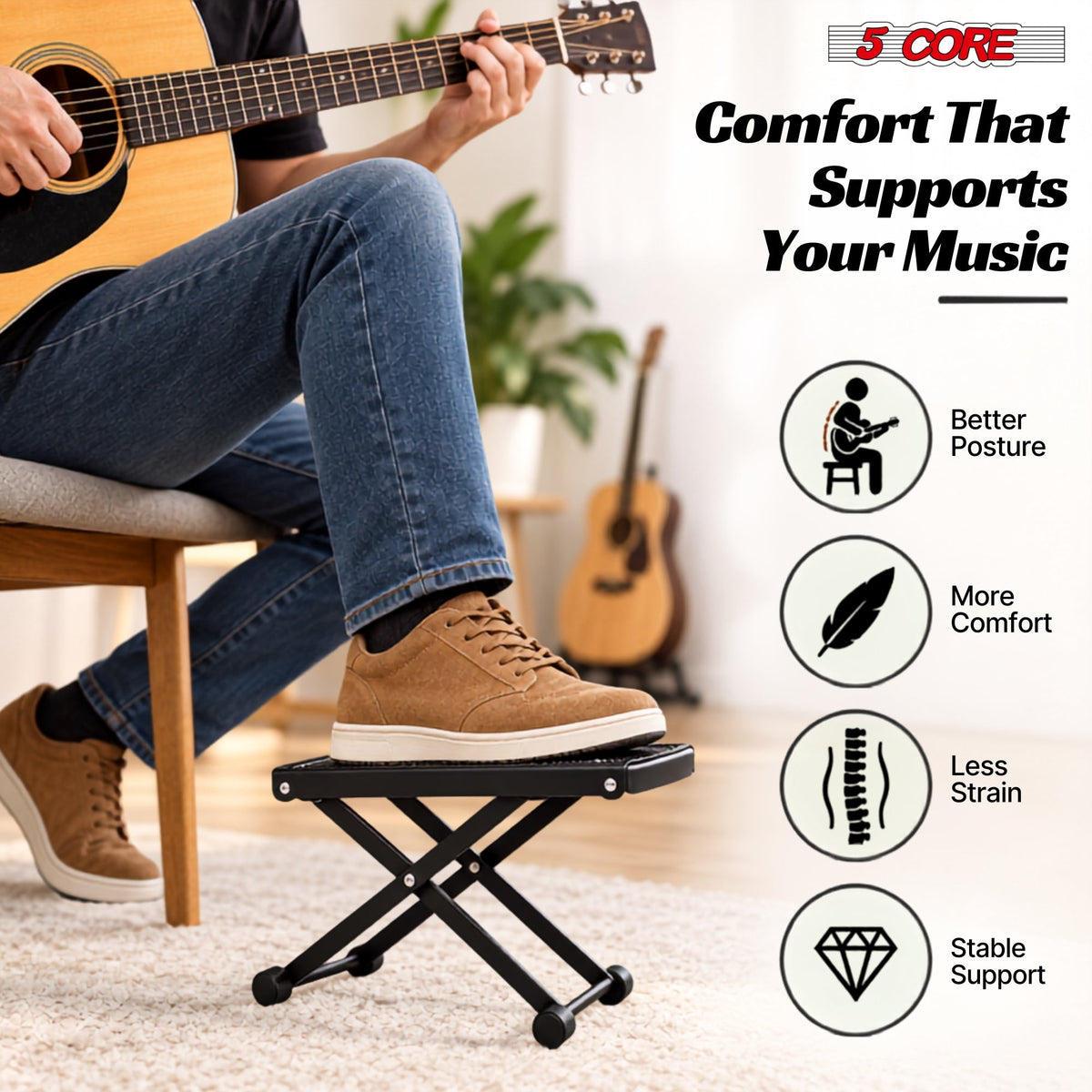 5Core Guitar Foot Stool Height Adjustable Folding Leg Rest Classical Footrest