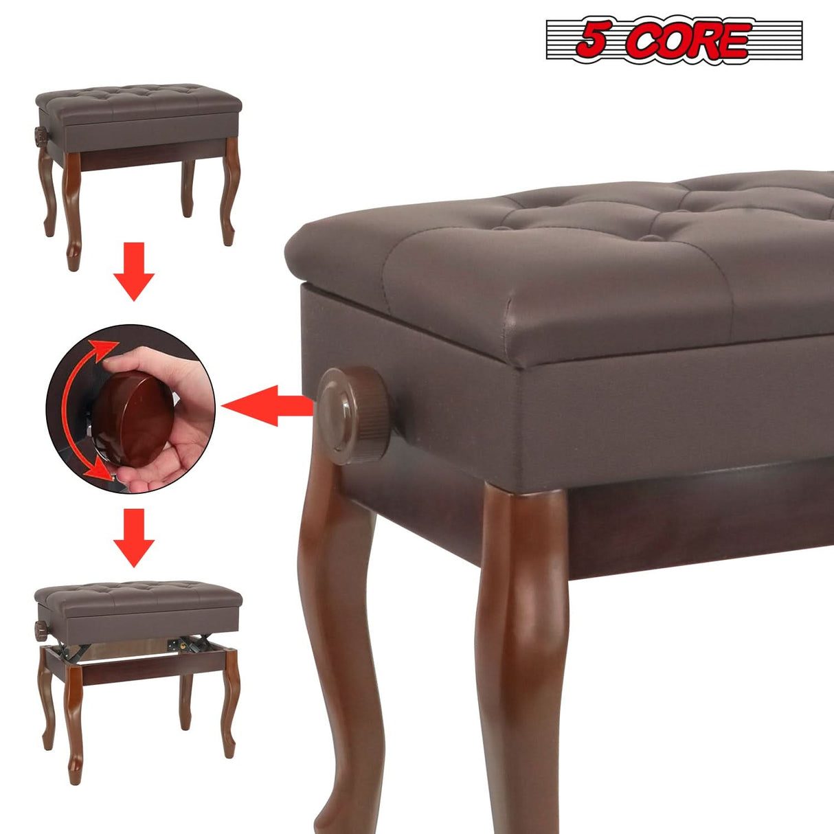 5 Core Piano Bench 3" Padded Cushioned Stool Wooden Heavy Duty Adjustable Musician Chair w Storage