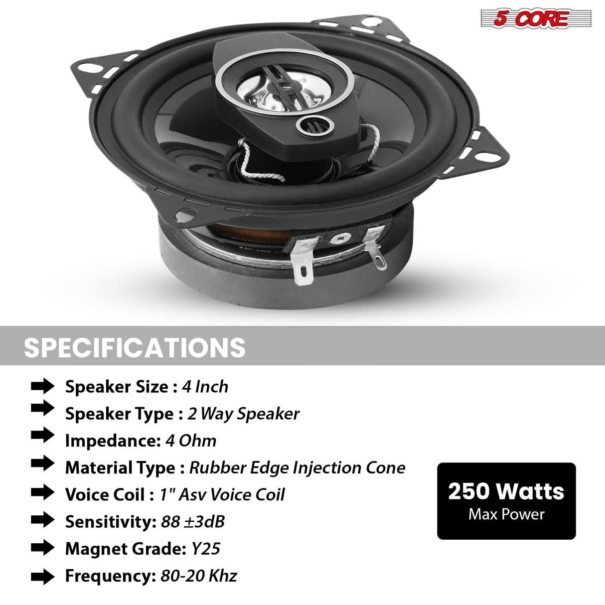 5Core Coaxial Door Car Speakers 4” 4Pcs 250W 4Ohm 2 Way Component Subwoofer Audio w Super Tweeter