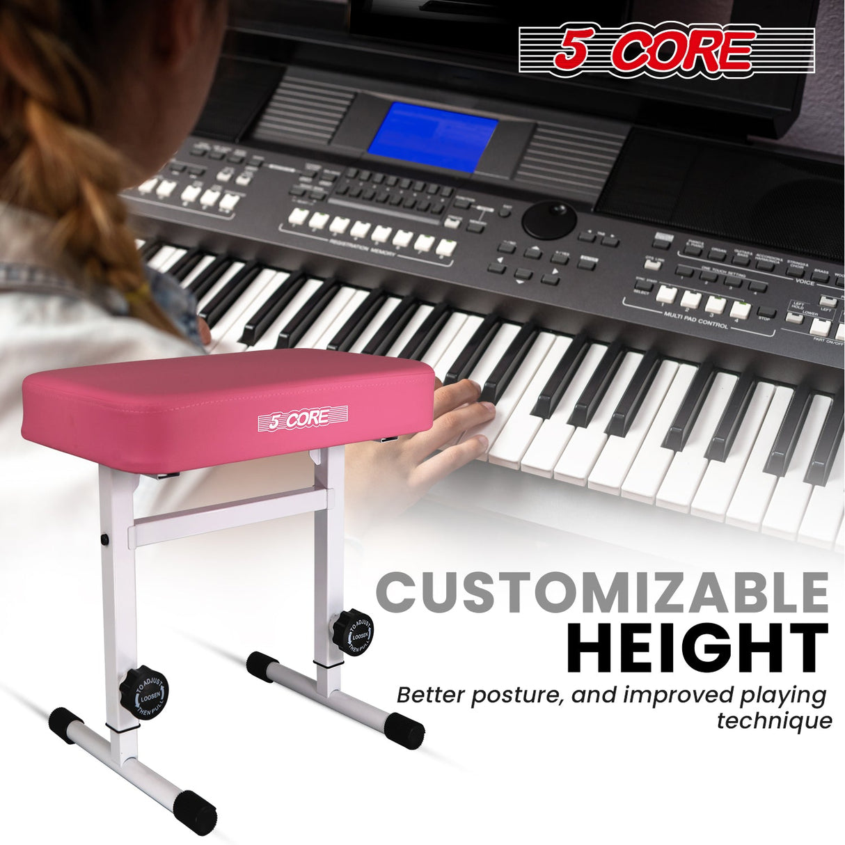 5 Core Keyboard Bench 3" Padded Cushioned Piano Stool Height Adjustable Guitar Seat Folding Portable