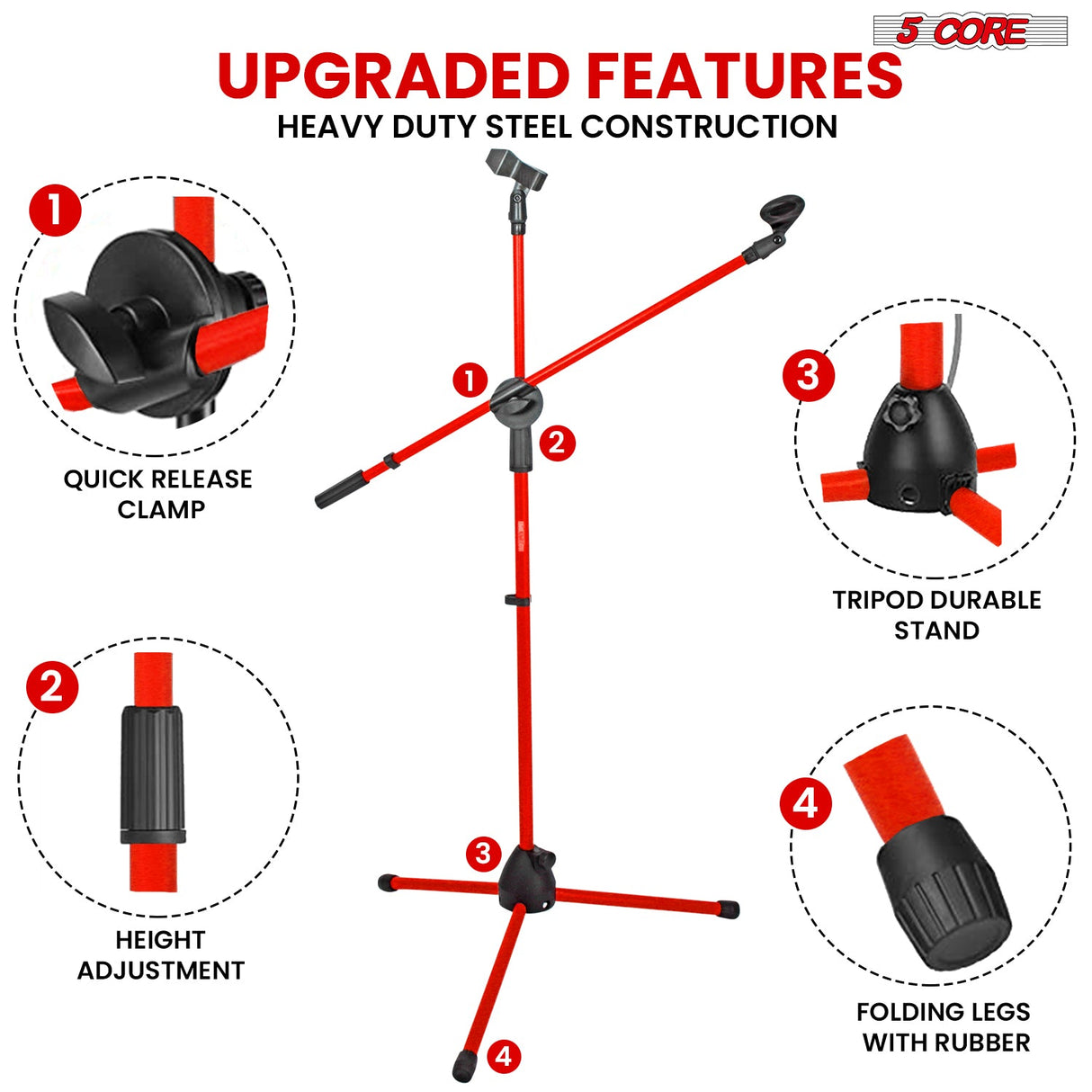 5 Core Mic Stand 2Pcs Floor Height Adjustable Tripod Microphone Stands w Telescoping Boom Arm
