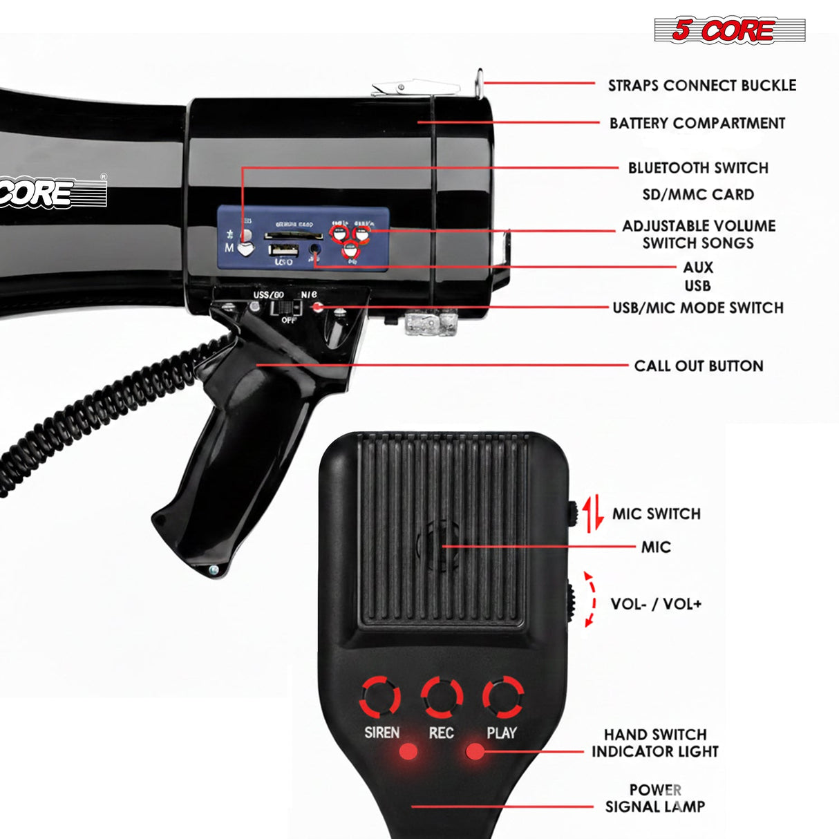 5 Core Megaphone 50W Bluetooth Rechargeable Bullhorn 1100 Yards Loud Siren for Soccer Baseball Coach