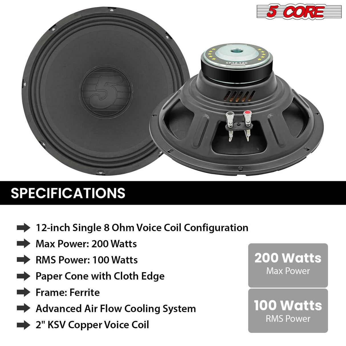 5 Core 12 Inch Speaker Pair 200W PA DJ Loudspeaker 8 Ohm Replacement Driver w 30 Oz Magnet